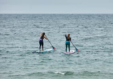 two women paddle boarding